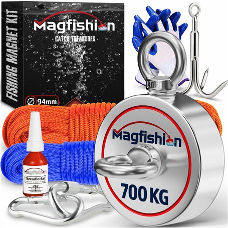 MAGFISHION Aimant Neodyme Puissant - Traction de 700KG (2 x 350KG) - Aimant de Pêche - Ø94mm - Peche a l'aimant avec 2 Cordes
