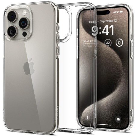 Spigen Coque [Anti-Jaune et Antichoc] en Dos PC et Bumper TPU Ultra Hybrid pour iPhone 15 Pro Max - Transparent
