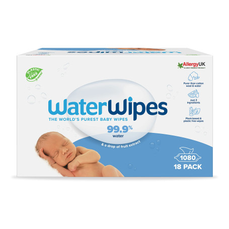 WaterWipes Original Baby Wipes, 1080 unités (18 paquets), 99,9 % d'eau, 3-en-1 nettoie, soigne, protège, non parfumées, emballag
