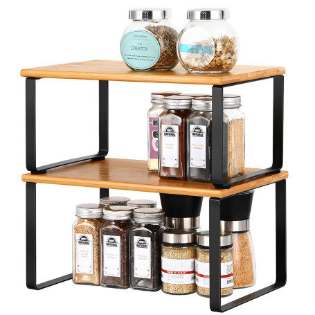 UOMIO Lot de 2 Étagères à Épices Empilable et Extensible, Étagères de Cuisine en Métal et Bambou, Étagères de Stockage pour Cuis