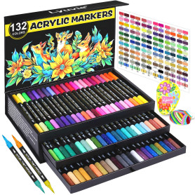 Lyuvie 132 Couleurs Feutre Acrylique,66 Pcs Acrylic Paint Marker Marqueur Peinture Acrylique Pointe Brush pour Roche Tissu Pierr