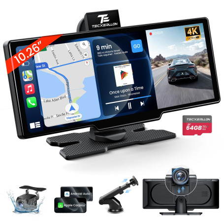 TECXERLLON Carplay sans Fil, 10.26'' Écran Carplay Voiture pour Carplay et Android Auto avec Dash Avant 4K, arrière 1080p, écran