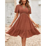 JENJON Femme Robe de Eté Col en V Elégant Pois Volants Taille Haute Manches Courtes/Longues Décontractée A-Ligne Mini Robes