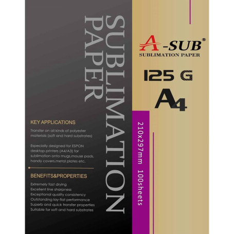 A-SUB Papier de sublimation A4, 210x297 mm, 100 feuilles, 125 g/m², Compatible avec les imprimantes à sublimation EPSON, SAWGRAS