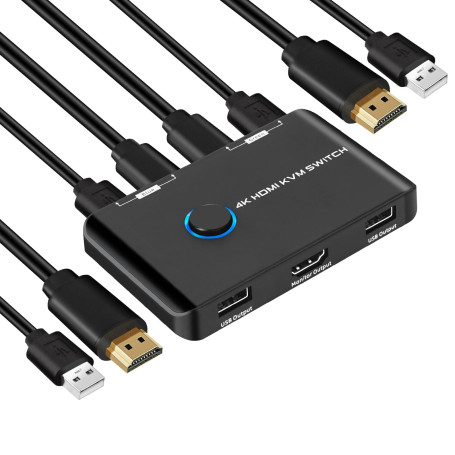 4K@60Hz Commutateur KVM Switch HDMI 2 Port, Switch KVM USB pour brancher 2 PC sur 1 écran & 2 périphériques USB2.0, avec 2 câble