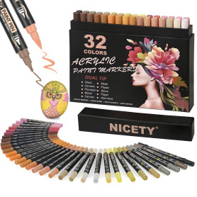 NICETY 32 Couleurs Feutres Acryliques - Marqueurs à Double Pointe Pinceau pour Peinture sur Roches, Bois, Verre, Céramique - 0.5