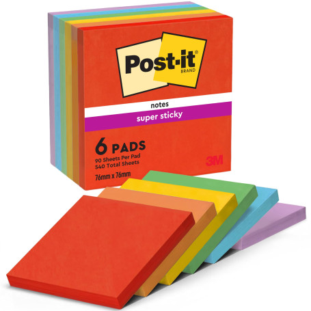 Post-it Notes Autocollantes Super Sticky, Couleurs Playful, Pack de 6 Blocs, 90 Feuilles par Bloc, 76 mm x 76 mm - Feuillets Sup