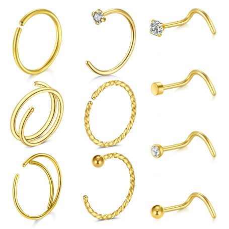 LAURITAMI 20G piercing nez anneaux Mince, Spirale Acier Chirurgical pour piercing nez Fiche Double Anneaux Or Argent Set, Fiche 