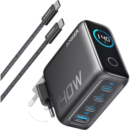 Anker Zolo Chargeur USB C 140W, Adaptateur 4 Ports Rapide et Compact, Technologie GaN, contrôles tactiles intuitifs, iPhone séri