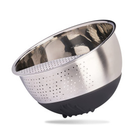 Reishunger Cuvette à riz en acier inoxydable (noir) - Passoire pour le lavage du riz et des légumes - Avec pied en silicone anti Reishunger Cuvette à riz en acier inoxydable (noir) - Passoire pour le lavage du riz et des légumes - Avec pied en silicone anti