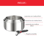 Tefal Ingenio Lot de 4 pièces, Casseroles 16/18/20 cm + 1 poignée amovible, Induction, Acier inoxydable, Empilable, Gain de plac