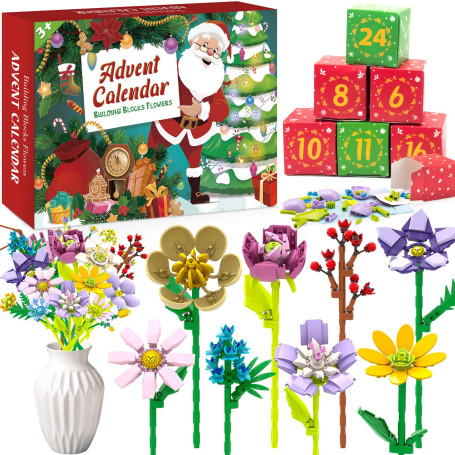 Calendrier de l'Avent 2025 avec Bouquet de Fleurs en Briques - 24 Fleurs Artificielles à Assembler pour Déco Maison | Cadeau Cré