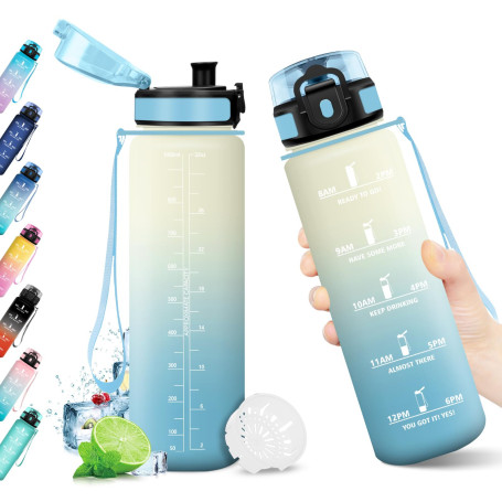 Bouteille Sport 1L, Bouteille d'eau Étanche, Gourde Motivation avec Marqueur de Temps, Gourde Sport avec Filtre, Bouteille sans
