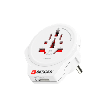 Adaptateur voyage USB A Monde vers Europe 2/3 poles Blanc Skross