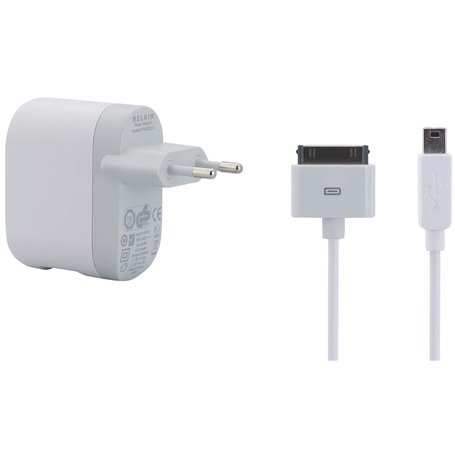 Belkin F8Z597cw03 Chargeur secteur avec double USB pour iPod / iPhone Blanc + Câble iPod