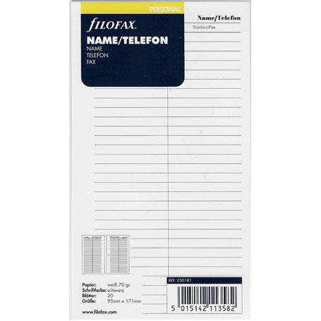 Filofax Organiseur personnel 250181 Numéros de Téléphone