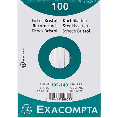 Exacompta - Réf. 10809SE - Paquet de 100 fiches bristol lignées non perforées - sous film - compatibles avec imprimante jet d'en