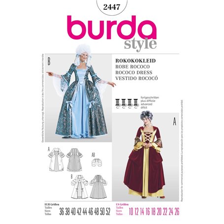 Burda Patron de couture Robe rococo pour femme – Robe historique 2447 Taille 36-52
