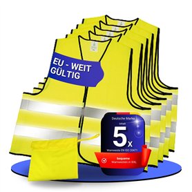 elasto form Set de 5 gilets jaunes de sécurité routière certifiés EN ISO 20471 - un gilet de sécurité pour chaque passager ! elasto form Set de 5 gilets jaunes de sécurité routière certifiés EN ISO 20471 - un gilet de sécurité pour chaque passager !