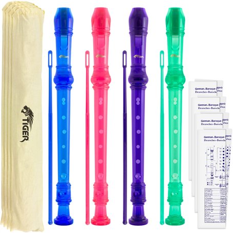 TIGER REC7-4 Pack de 4 flûtes à bec colorées avec tige de nettoyage et étui