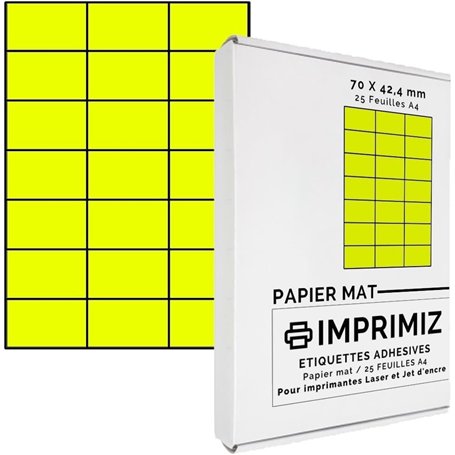 525 étiquettes autocollantes Jaune fluo de 70 X 42 mm - 21 étiquettes/feuille - 25 planches papier A4 adhésif couleur - pour imp