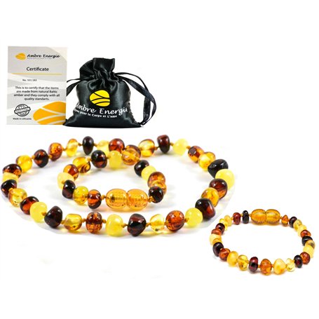 unisex Collier Ambre 33cm.+Bracelet 14cm.- 100% Plus Haute Qualité Certifié l'Ambre la Baltique Authentique Collier Perles de Pl