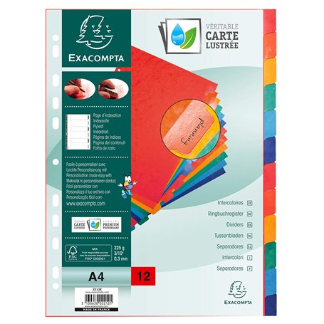 Exacompta - Réf. 2212E - Intercalaires en carte lustrée 225g/m2 FSC® avec 12 onglets neutres en couleurs - renforcés et plastifi