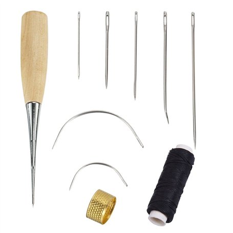 Yulakes Lot de 7 ustensiles de couture avec aiguilles à coudre et aiguilles courbes avec trou et dé à coudre ciré avec fil de cu