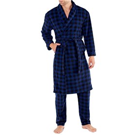 (Large, Blue-Black) - Men's Checked Matching Fleece Robe and Pant Set S M L XL XXL. (Large