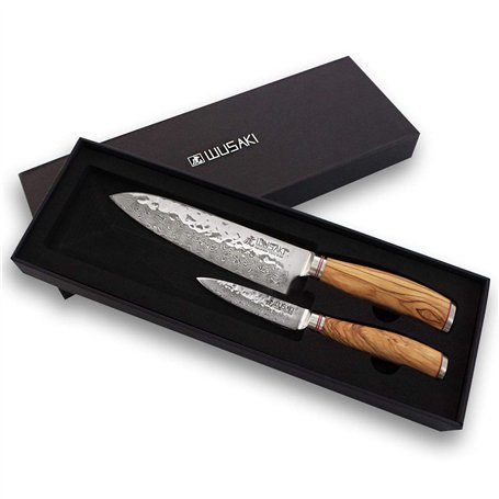 Wusaki Damas 10Cr Coffret de 2 couteaux de cuisine : santoku + couteau d'office - Lames damassées et manches en bois d'olivier