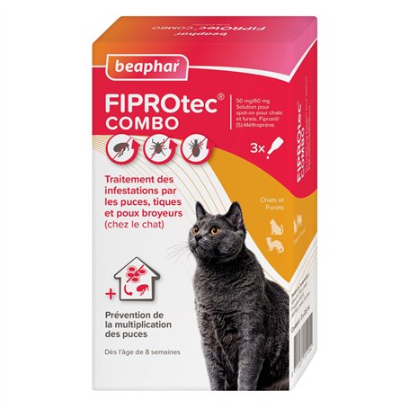 Beaphar – FIPROTEC Combo au Fipronil et (S)-Méthoprène dosés à 50 mg/60 MG – Solution Spot-on pour Chats et furets (>1kg) – Agit