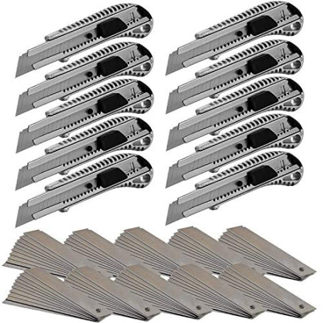 10x cutter professionnel en aluminium - ultra retractable résistant - anti-corrosion-cutter retractable lame de 18 mm avec 100 c