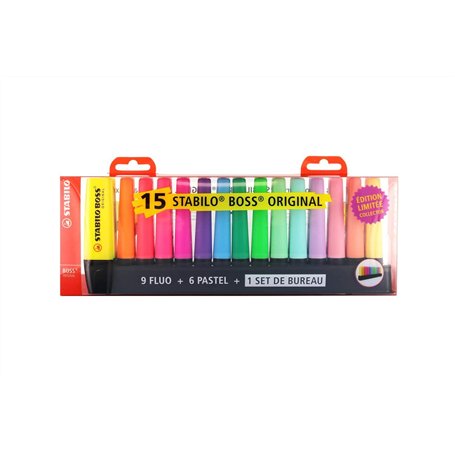 STABILO Set de Bureau 15 Surligneurs BOSS Coloris 9 Fluo et 6 Pastel