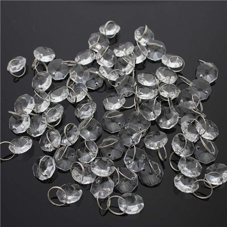 JaneYi 100 Pièces 14mm Perles de Verre Cristal Octogonales et 11 mm Bagues en Acier Inoxydable - avec 6 Mini-Crochets - pour Bri