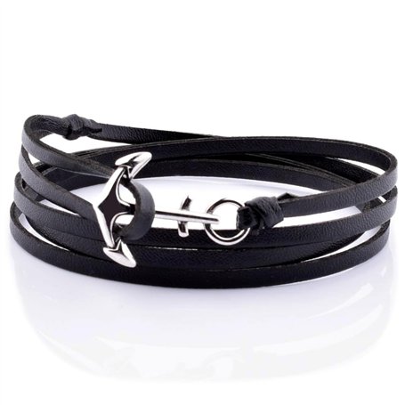 Planetys - Bracelet Ancre - Bracelet Cuir Multi-Rangs en Cuir Noir et Acier 316 L