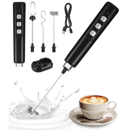 Mousseur à Lait Électrique,Mousseurs à Lait avec 3 Fouets,Réglable en 3 Vitesses,Mousseur de Lait Rechargeable USB,mini Fouet El