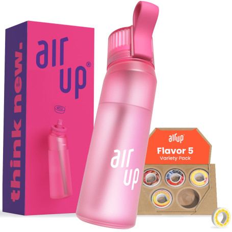 air up® Bouteille d'eau (650 ml) rose + 5 capsules Flavor Fiesta | Capsules de saveur sans sucre et bouteilles d'eau avec paille