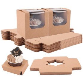 VIDETOL 100 Pièces Boite Gateau Papier Kraft, 9 x 9 x 9 cm Boite a Gateau Carton, Marron Boite Bento Cake avec Fenêtre Transpare