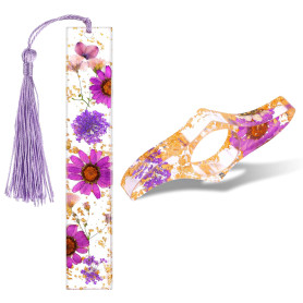Ensemble support de page et marque-page en résine avec fleur séchée et marque-page en résine en forme de fleur séchée avec pompo