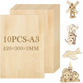 ASelected Lot de 10 Feuilles de Contreplaque A3 Plaque de Bois Naturel, 420 × 300 × 3 mm Feuilles de Bois, Minces de Bois Pour B