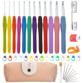 RealPlus Aiguilles à Crochet Set, Ensemble de 12 pcs Crochet à Tricoter avec Poignées Ergonomiques en Caoutchouc à Prise Souple,