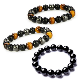 3 Pièces Bracelet Triple Protection, 8/10mmBracelet Oeil de Tigre 8mm Obsidienne Yoga Bracelet Pierre Naturelle Femme Bracelets 
