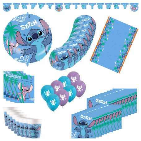 Procos Décoration d'anniversaire Stitch, pièces, contient 8 assiettes gobelets en carton, 20 serviettes, nappe, guirlande, ballo
