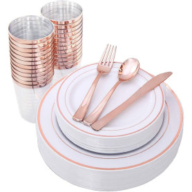 LATERN 150 Pièces Vaisselle en Plastique Réutilisable en Or Rose, Assiettes Plates, Assiettes à Salade, Couteaux, Fourchettes, C