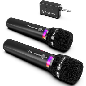 ECHOMUSSY Micro sans Fil, Double Microphone Rechargeable avec Connexion par Puce Individuelle et Voyants LED, Autonomie de 40h, 