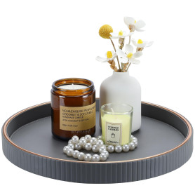 KINGFOM Plateau de Service, Grand Rond Plateau Decoratif en Cuir, Decoration Table, 30 cm (Gris)