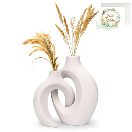 TAVADA Vase Céramique Design, Lot de 2 - Blanc pour Pampa et Fleurs Séchées - Décoration De Table Moderne pour Maison, Fête, Cen