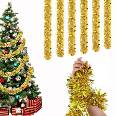 CLHXWU 12m Guirlande Tinsel Or Noël,Guirlandes Tinsel Noël,Guirlande Métallique Brillante Ornements De Noël pour Sapin De Noël D