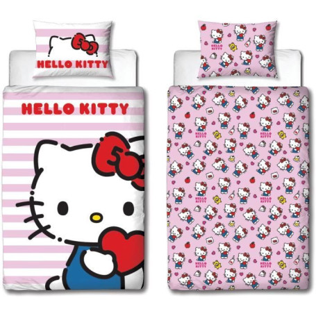 Parure de lit réversible - HELLO KITTY - Microfibre - 1 housse de couette 140 x 200 cm + 1 taie 63 x 63 cm