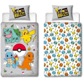 Parure de lit réversible - POKEMON - Pikachu et Starter - Gris - Microfibre - 1 housse de couette 140 x 200 cm + 1 taie 63 x 63 Parure de lit réversible - POKEMON - Pikachu et Starter - Gris - Microfibre - 1 housse de couette 140 x 200 cm + 1 taie 63 x 63